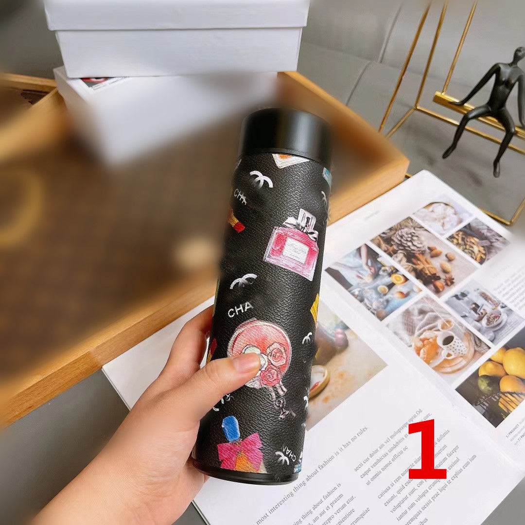 Cross-Border LED Random Temperature Display304Stainless Steel Thermos Cup Car-mounted Household Leather Case Gift Cup 500ML